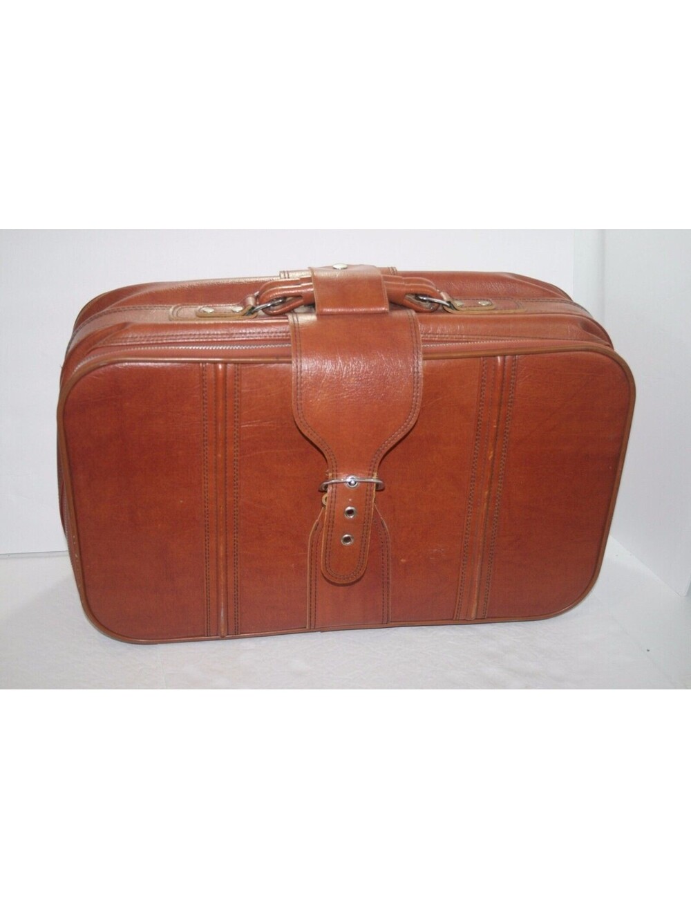 Vintage Sears Brown Leather Suit Case Carry On Luggage 22x13x7